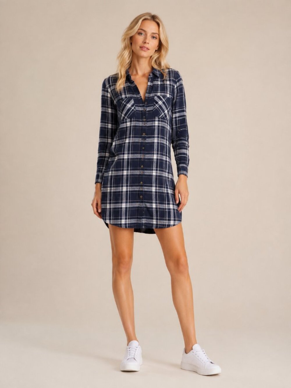 Merona Navy & White Plaid Button-Front Shirt Dress